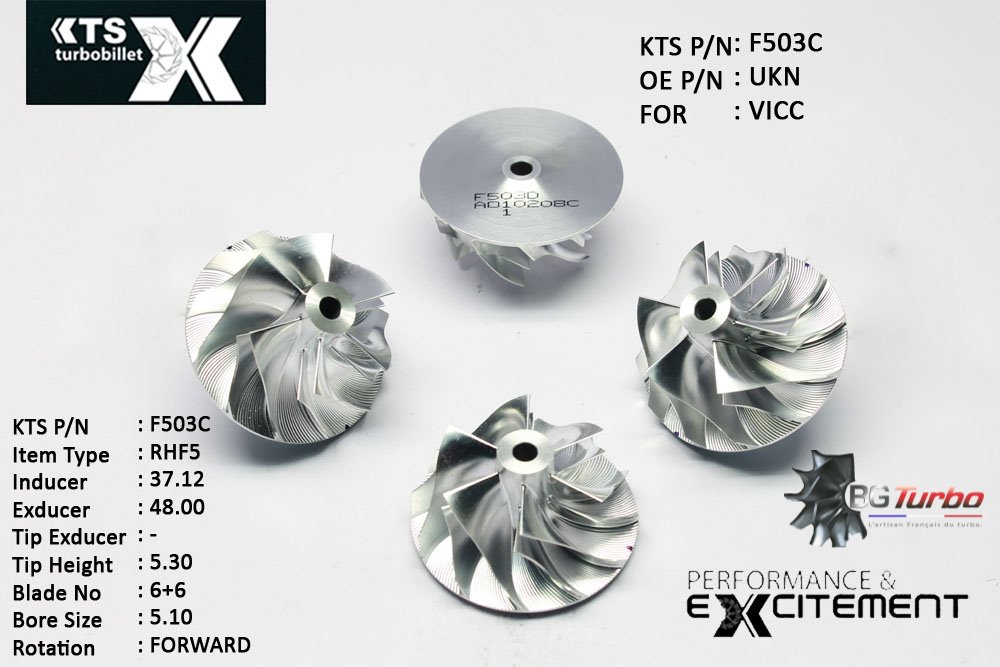 Turbo ROUE FORGÉE MFS PERFORMANCE - 6+6 PALES - INDUCER : 37,11 - EXDUCER : 48 - TYPE : RHF5ANGLE : 55° - ROTATION : Forward - SUPER BACK : 1,6 - BORE SIZE : 5,1
